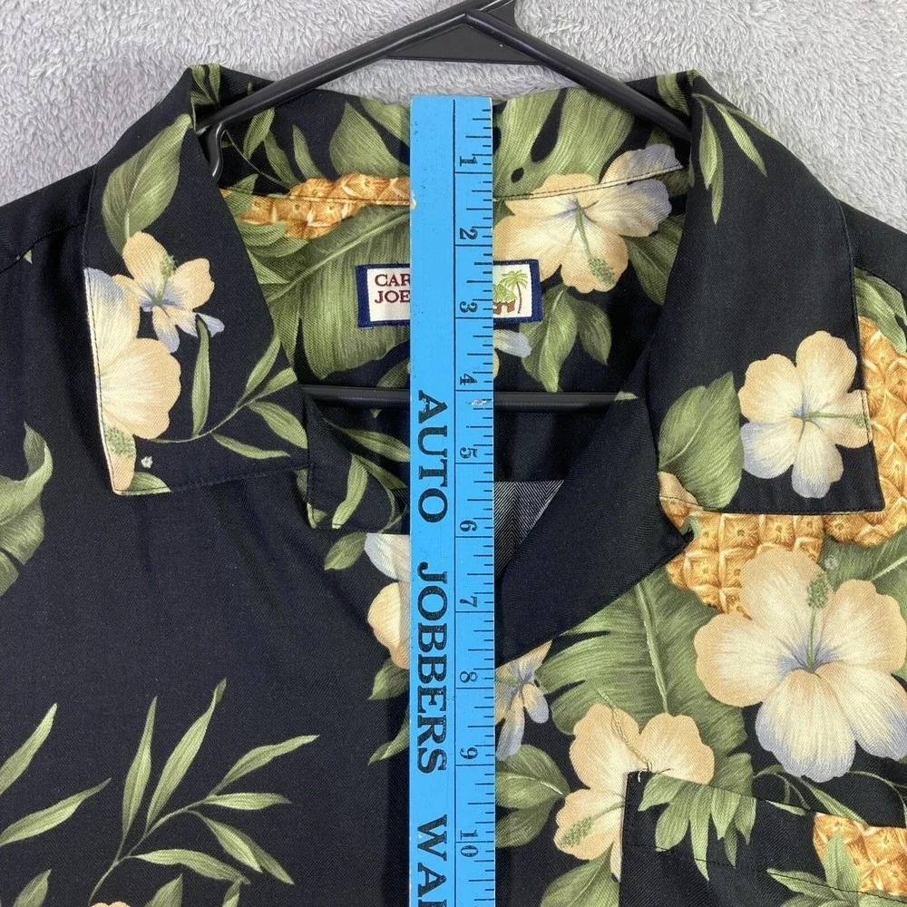 Caribbean Joe Hawaiian Shirt Men Large Black Floral Pineapple Button Up Aloha